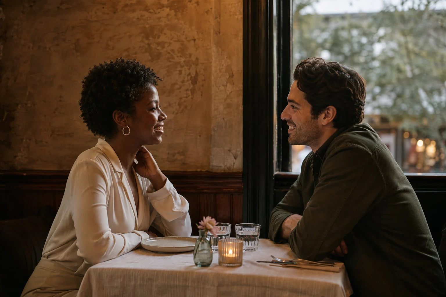 An illustrative couple sharing a relaxed conversation across a restaurant table.